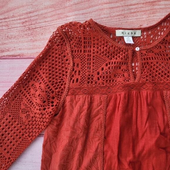 Anthropologie Hiche Burnt Orange‎ 3/4 Sleeve Crochet Boho Shift Dress Size XS - Picture 2 of 7